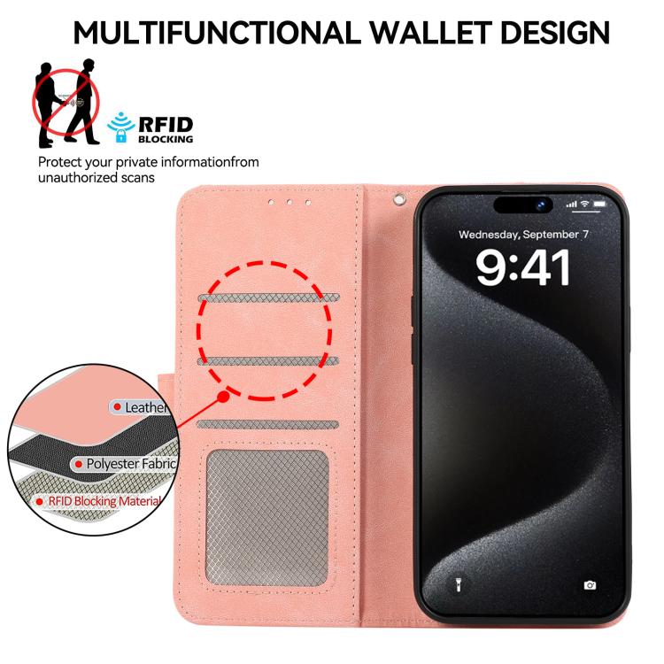 For iPhone 16e ABEEL Color Block Magnetic RFID Leather Phone Case(Pink-Cyan) - iPhone 16e Cases by buy2fix | Online Shopping UK | buy2fix