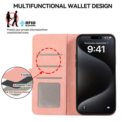 For iPhone 16e ABEEL Color Block Magnetic RFID Leather Phone Case(Pink-Cyan) - iPhone 16e Cases by buy2fix | Online Shopping UK | buy2fix
