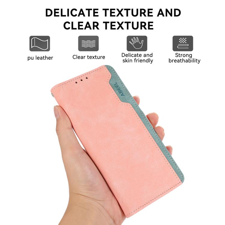 For iPhone 16e ABEEL Color Block Magnetic RFID Leather Phone Case(Pink-Cyan) - iPhone 16e Cases by buy2fix | Online Shopping UK | buy2fix