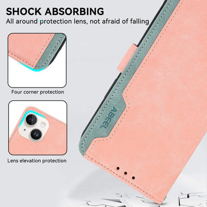 For iPhone 16e ABEEL Color Block Magnetic RFID Leather Phone Case(Pink-Cyan) - iPhone 16e Cases by buy2fix | Online Shopping UK | buy2fix