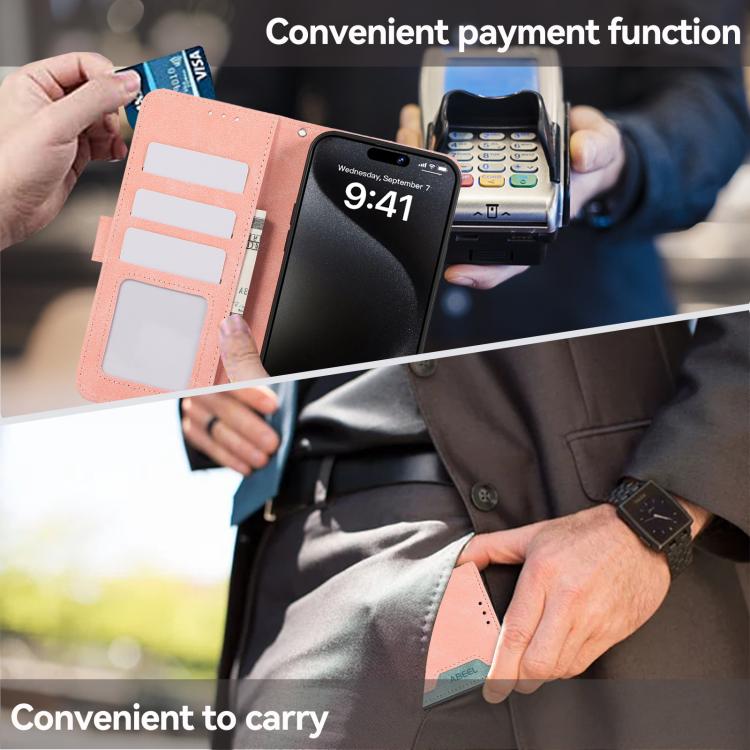 For iPhone 16e ABEEL Color Block Magnetic RFID Leather Phone Case(Pink-Cyan) - iPhone 16e Cases by buy2fix | Online Shopping UK | buy2fix