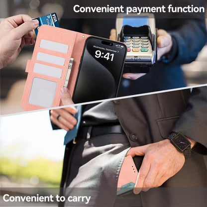 For iPhone 16e ABEEL Color Block Magnetic RFID Leather Phone Case(Pink-Cyan) - iPhone 16e Cases by buy2fix | Online Shopping UK | buy2fix