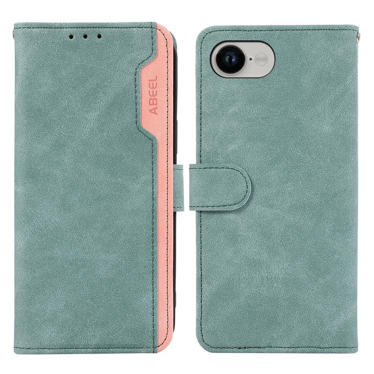 For iPhone 16e ABEEL Color Block Magnetic RFID Leather Phone Case(Cyan-Pink) - iPhone 16e Cases by buy2fix | Online Shopping UK | buy2fix