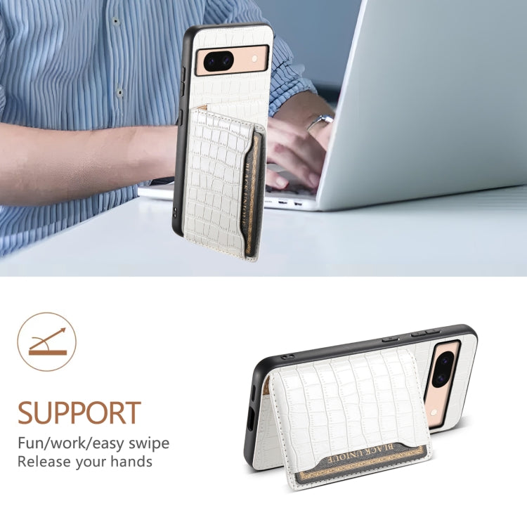 For Google Pixel 8a Crocodile Texture Card Bag Design Full Coverage Phone Case(White) by buy2fix