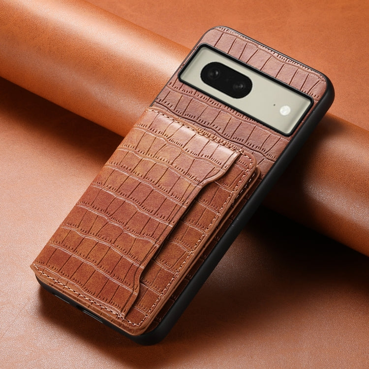 For Google Pixel 8 Crocodile Texture Card Bag Design Full Coverage Phone Case(Brown) by buy2fix