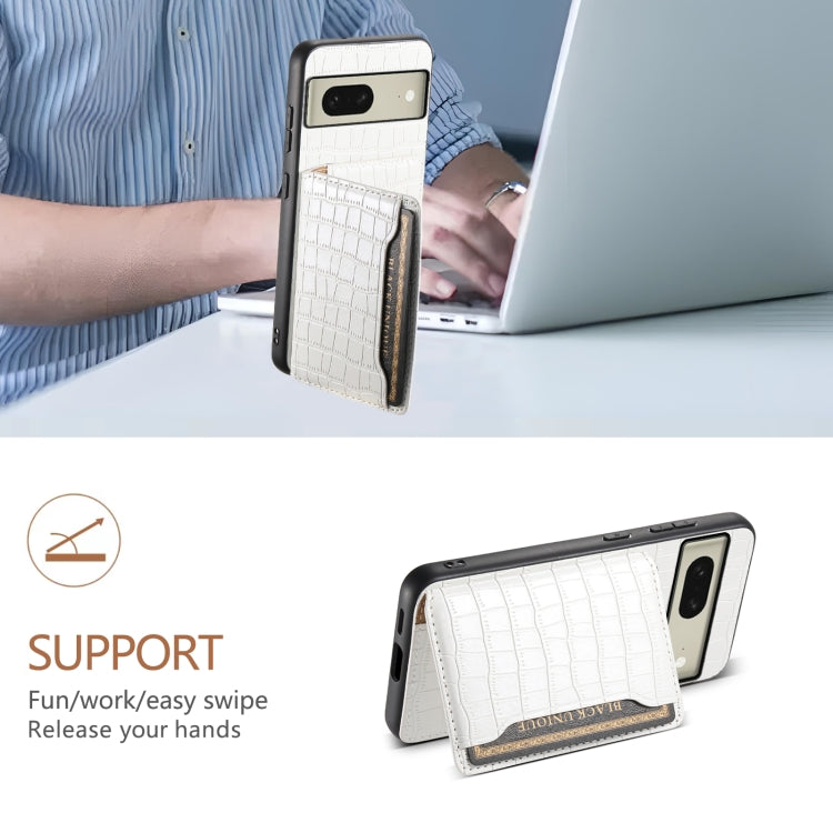 For Google Pixel 8 Crocodile Texture Card Bag Design Full Coverage Phone Case(White) by buy2fix
