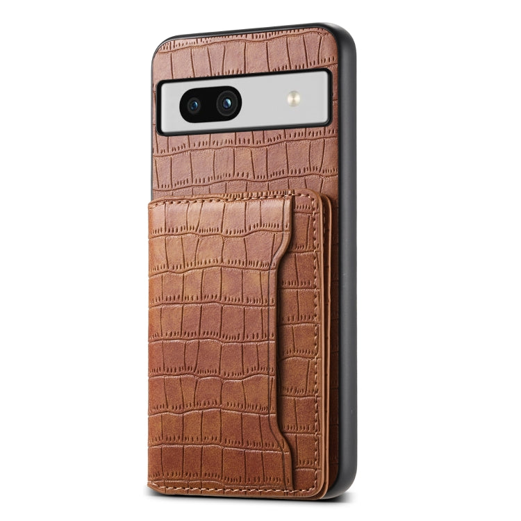 For Google Pixel 7a Crocodile Texture Card Bag Design Full Coverage Phone Case(Brown) by buy2fix
