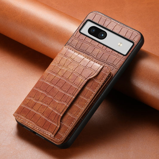 For Google Pixel 7a Crocodile Texture Card Bag Design Full Coverage Phone Case(Brown) by buy2fix