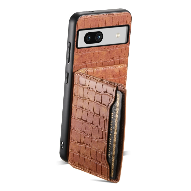 For Google Pixel 7a Crocodile Texture Card Bag Design Full Coverage Phone Case(Brown) by buy2fix