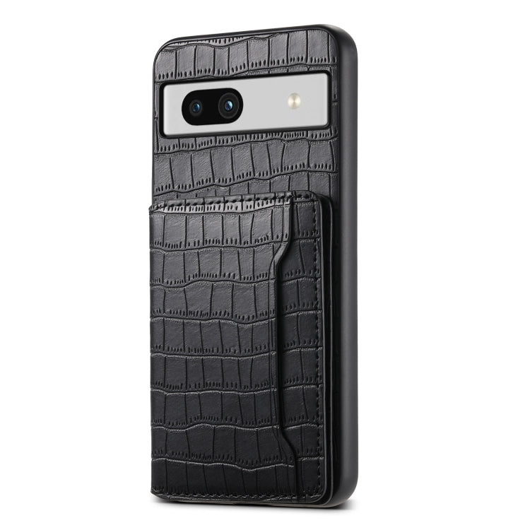 For Google Pixel 7a Crocodile Texture Card Bag Design Full Coverage Phone Case(Black) by buy2fix