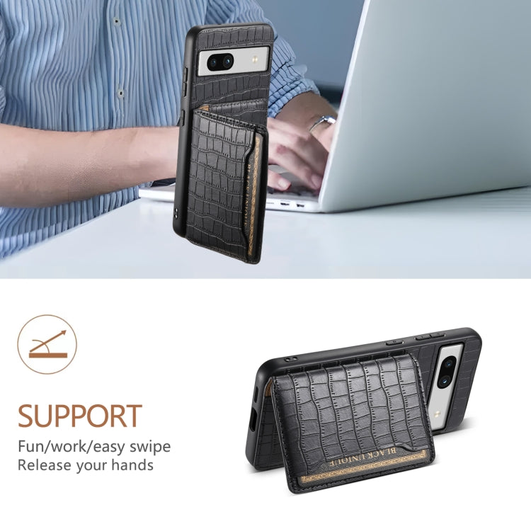 For Google Pixel 7a Crocodile Texture Card Bag Design Full Coverage Phone Case(Black) by buy2fix