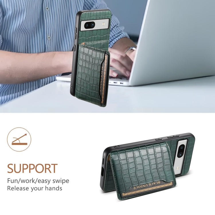For Google Pixel 7a Crocodile Texture Card Bag Design Full Coverage Phone Case(Green) by buy2fix
