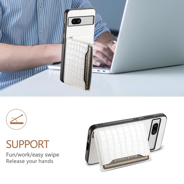 For Google Pixel 7a Crocodile Texture Card Bag Design Full Coverage Phone Case(White) by buy2fix