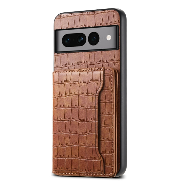 For Google Pixel 7 Pro 5G Crocodile Texture Card Bag Design Full Coverage Phone Case(Brown) by buy2fix
