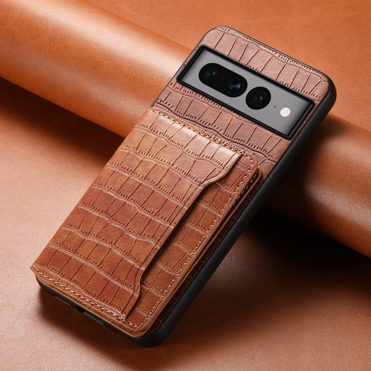 For Google Pixel 7 Pro 5G Crocodile Texture Card Bag Design Full Coverage Phone Case(Brown) by buy2fix
