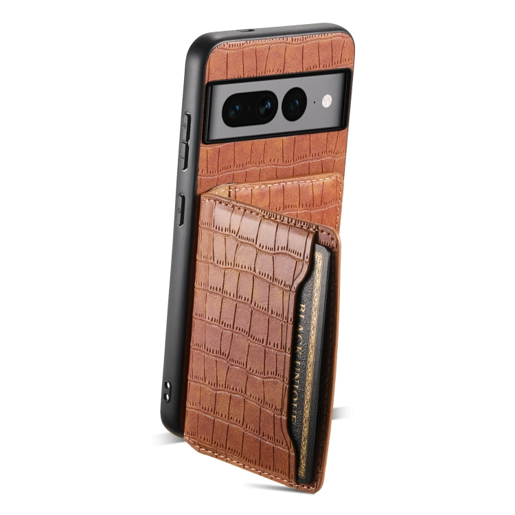 For Google Pixel 7 Pro 5G Crocodile Texture Card Bag Design Full Coverage Phone Case(Brown) by buy2fix
