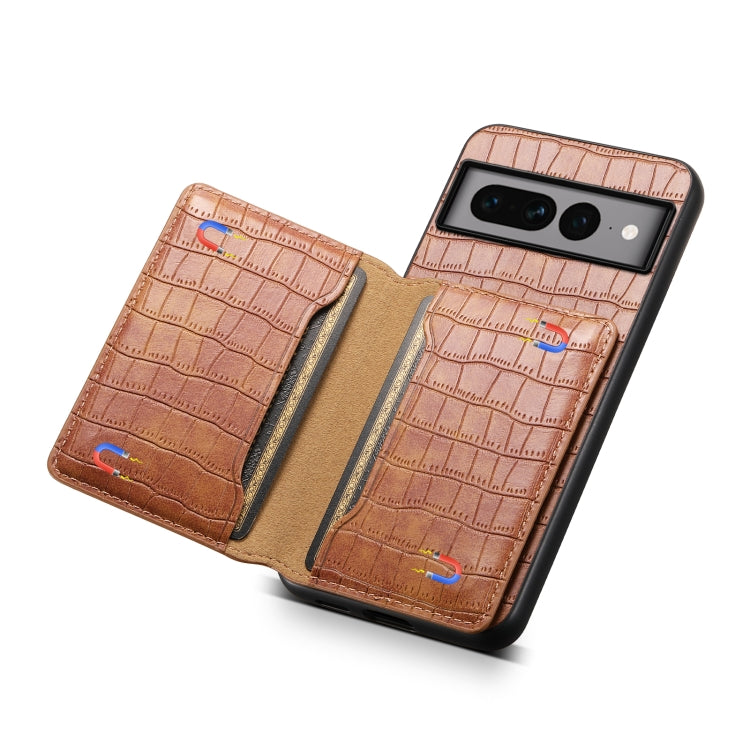 For Google Pixel 7 Pro 5G Crocodile Texture Card Bag Design Full Coverage Phone Case(Brown) by buy2fix