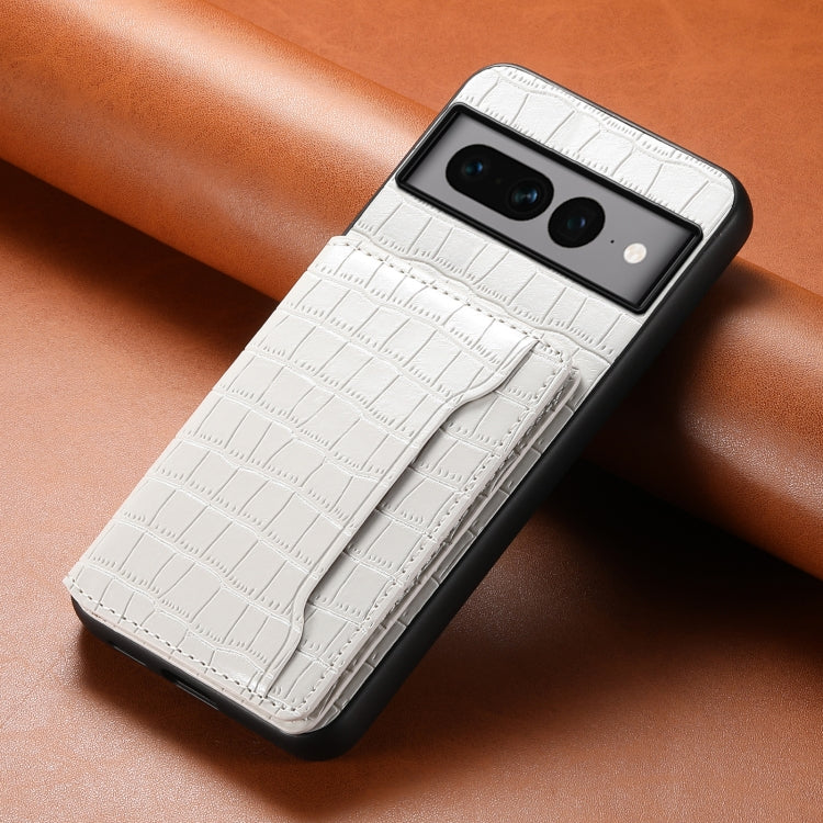For Google Pixel 7 Pro 5G Crocodile Texture Card Bag Design Full Coverage Phone Case(White) by buy2fix
