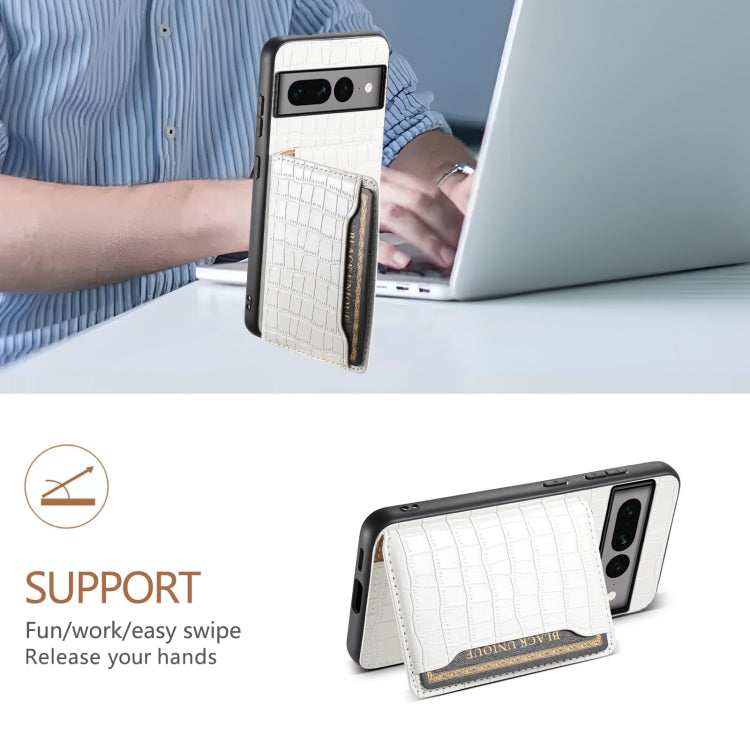 For Google Pixel 7 Pro 5G Crocodile Texture Card Bag Design Full Coverage Phone Case(White) by buy2fix