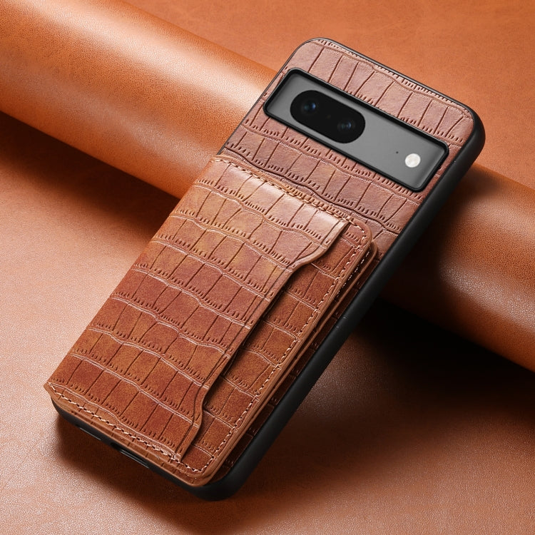For Google Pixel 7 5G Crocodile Texture Card Bag Design Full Coverage Phone Case(Brown) by buy2fix