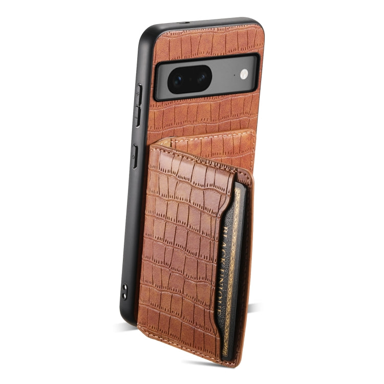 For Google Pixel 7 5G Crocodile Texture Card Bag Design Full Coverage Phone Case(Brown) by buy2fix