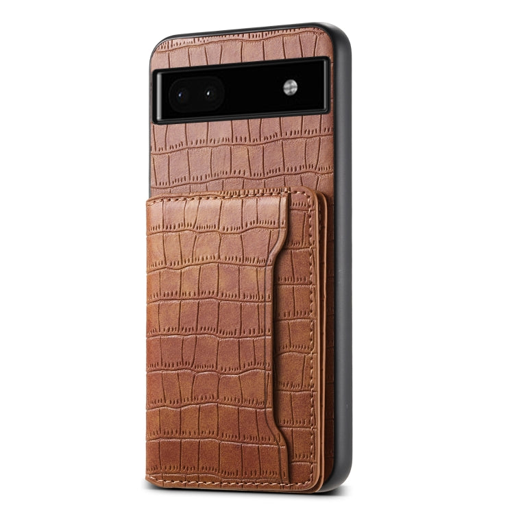 For Google Pixel 6a Crocodile Texture Card Bag Design Full Coverage Phone Case(Brown) by buy2fix