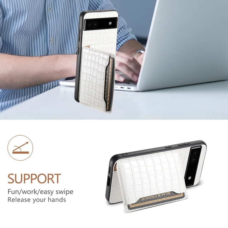 For Google Pixel 6a Crocodile Texture Card Bag Design Full Coverage Phone Case(White) by buy2fix