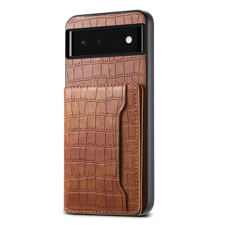 For Google Pixel 6 Crocodile Texture Card Bag Design Full Coverage Phone Case(Brown) by buy2fix