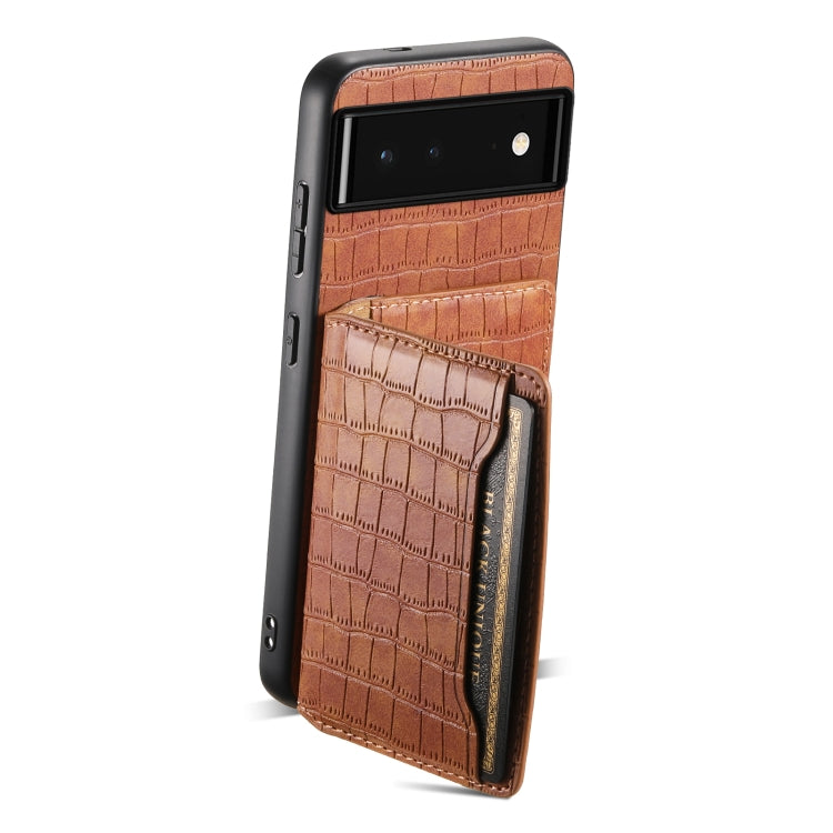 For Google Pixel 6 Crocodile Texture Card Bag Design Full Coverage Phone Case(Brown) by buy2fix