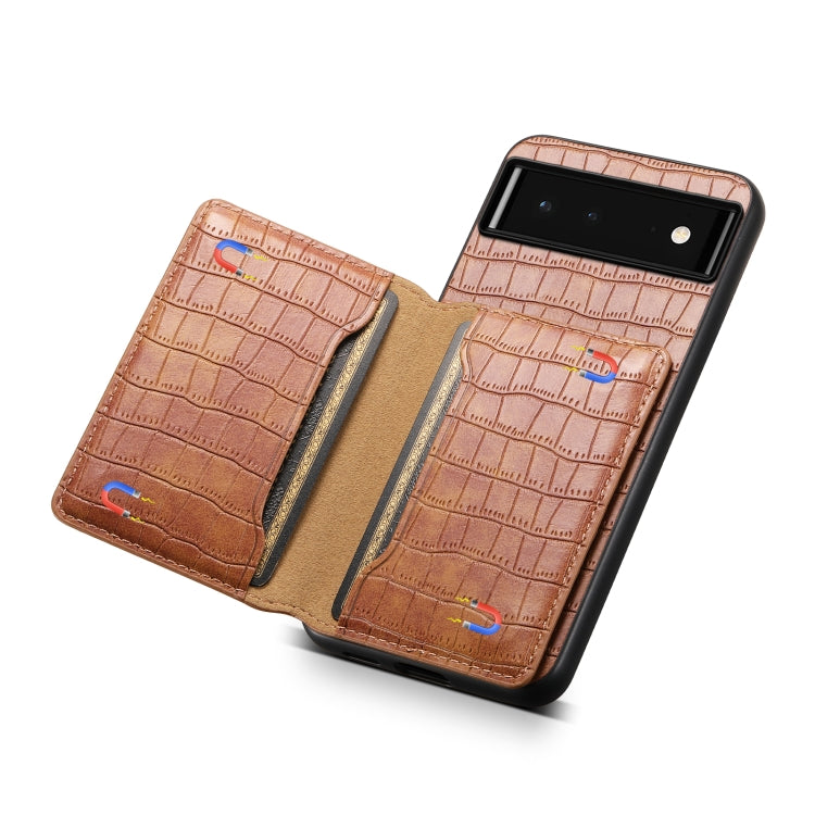 For Google Pixel 6 Crocodile Texture Card Bag Design Full Coverage Phone Case(Brown) by buy2fix