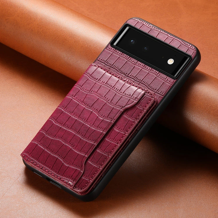 For Google Pixel 6 Crocodile Texture Card Bag Design Full Coverage Phone Case(Red) by buy2fix