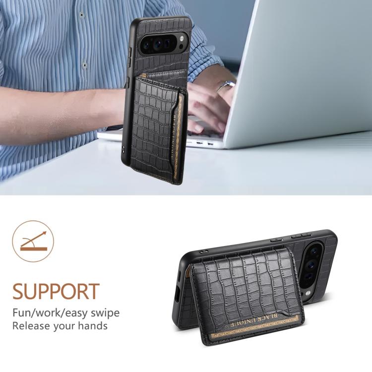 For Google Pixel 10 Pro / 10 Crocodile Texture Card Bag Design Full Coverage Phone Case(Black) - Google Cases by buy2fix | Online Shopping UK | buy2fix