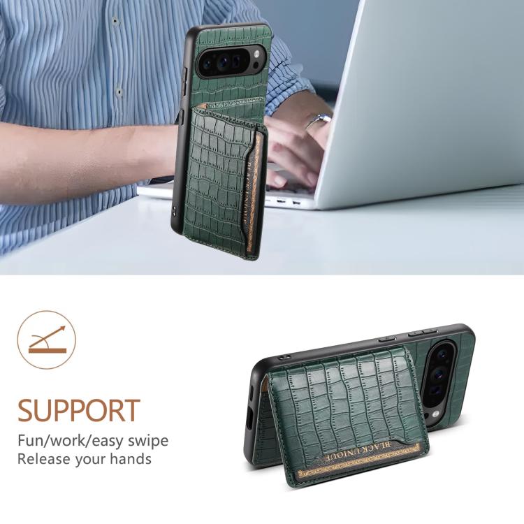 For Google Pixel 10 Pro / 10 Crocodile Texture Card Bag Design Full Coverage Phone Case(Green) - Google Cases by buy2fix | Online Shopping UK | buy2fix