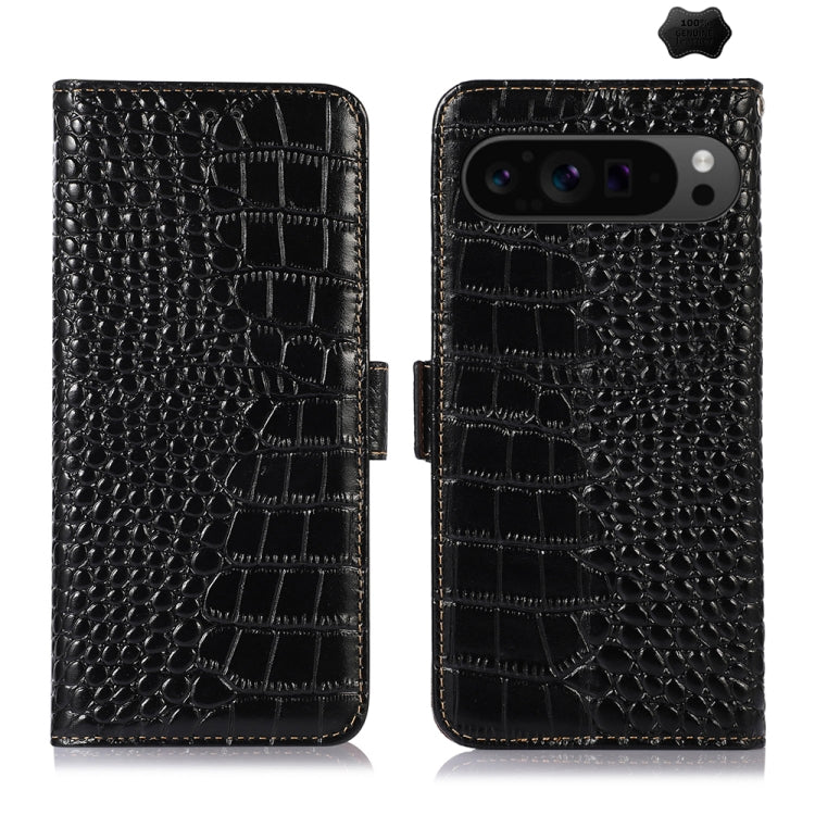 For Google Pixel 10 Pro / 9 Pro Crocodile Top Layer Cowhide Leather Phone Case(Black) - Google Cases by buy2fix | Online Shopping UK | buy2fix