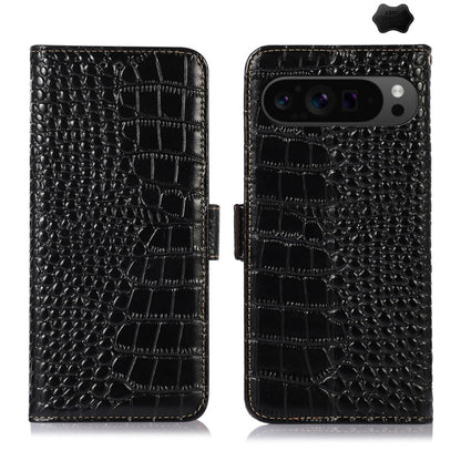 For Google Pixel 10 Pro / 9 Pro Crocodile Top Layer Cowhide Leather Phone Case(Black) - Google Cases by buy2fix | Online Shopping UK | buy2fix