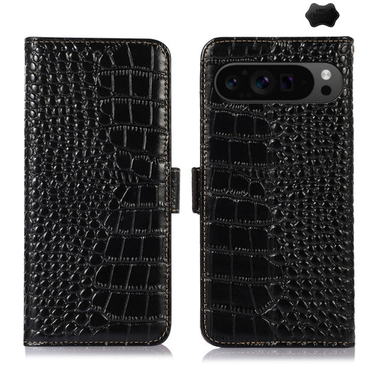 For Google Pixel 10 Pro / 9 Pro Crocodile Top Layer Cowhide Leather Phone Case(Black) - Google Cases by buy2fix | Online Shopping UK | buy2fix