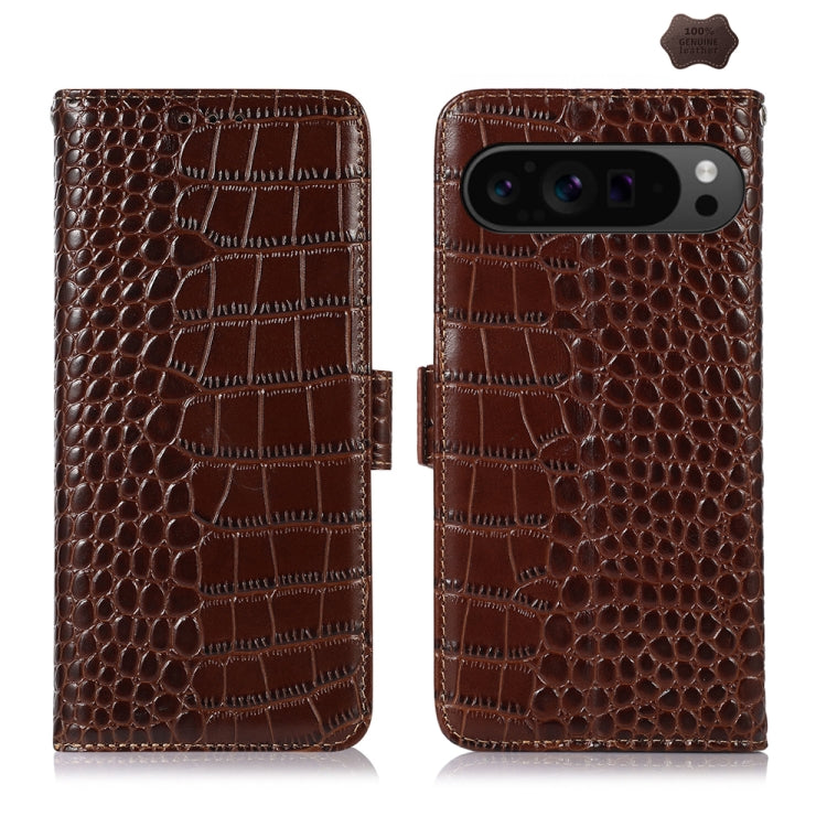 For Google Pixel 10 Pro / 9 Pro Crocodile Top Layer Cowhide Leather Phone Case(Brown) by buy2fix