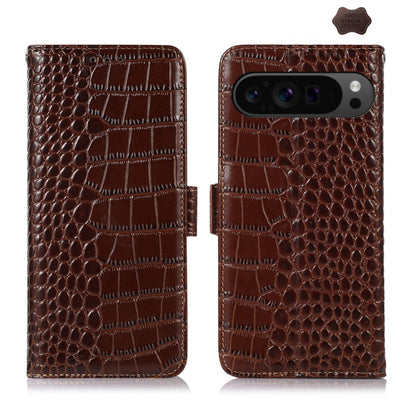 For Google Pixel 10 Pro / 9 Pro Crocodile Top Layer Cowhide Leather Phone Case(Brown) by buy2fix