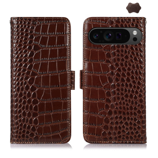 For Google Pixel 10 Pro / 9 Pro Crocodile Top Layer Cowhide Leather Phone Case(Brown) by buy2fix