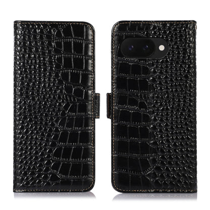 For Google Pixel 9a Crocodile Top Layer Cowhide Leather Phone Case(Black) - Google Cases by buy2fix | Online Shopping UK | buy2fix