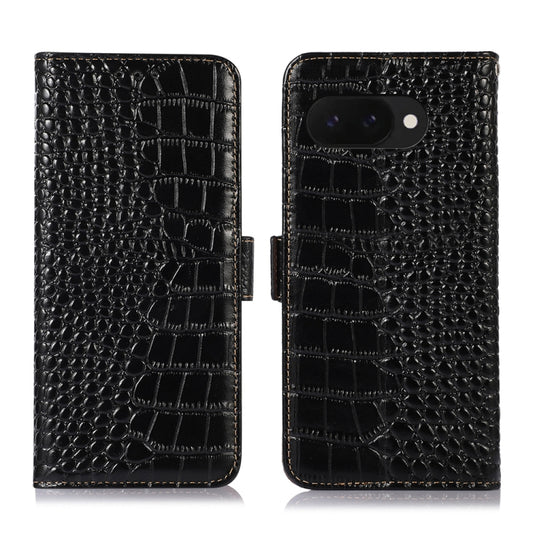 For Google Pixel 9a Crocodile Top Layer Cowhide Leather Phone Case(Black) - Google Cases by buy2fix | Online Shopping UK | buy2fix