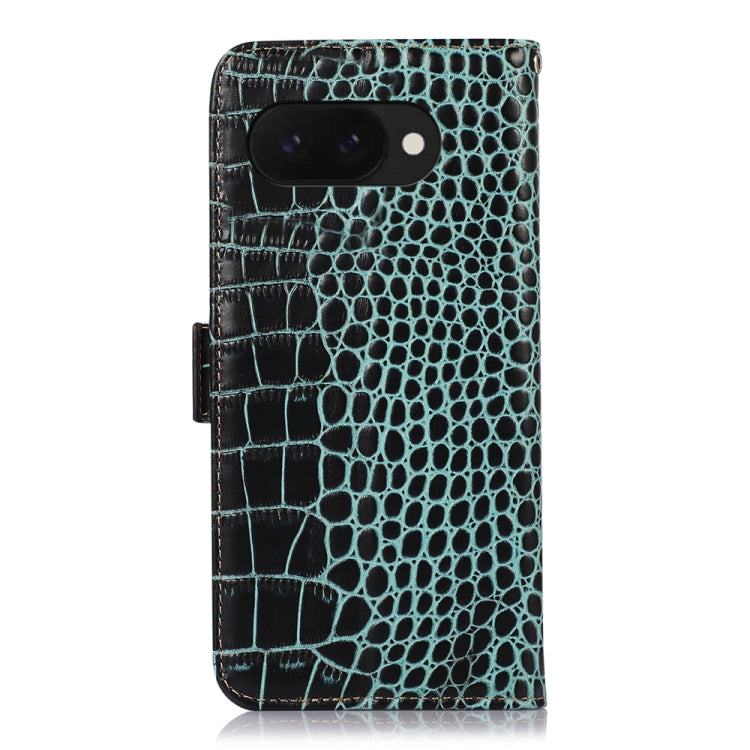 For Google Pixel 9a Crocodile Top Layer Cowhide Leather Phone Case(Green) - Google Cases by buy2fix | Online Shopping UK | buy2fix