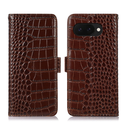 For Google Pixel 9a Crocodile Top Layer Cowhide Leather Phone Case(Brown) - Google Cases by buy2fix | Online Shopping UK | buy2fix