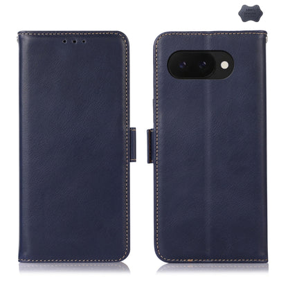 For Google Pixel 9a Crazy Horse Top Layer Cowhide Leather Phone Case(Blue) - Google Cases by buy2fix | Online Shopping UK | buy2fix