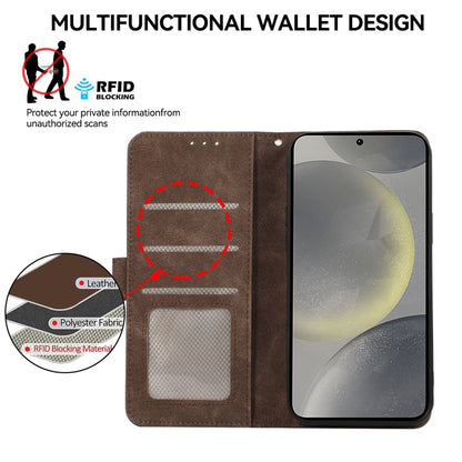 For Samsung Galaxy S22 Ultra 5G ABEEL Color Block Magnetic RFID Leather Phone Case(Brown-Blue) by buy2fix