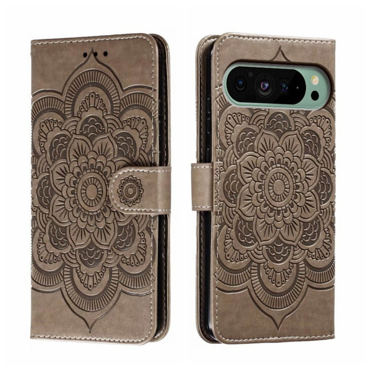 For Google Pixel 9 Sun Mandala Embossing Pattern Phone Leather Case(Grey) by buy2fix