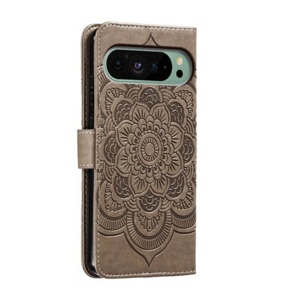 For Google Pixel 9 Sun Mandala Embossing Pattern Phone Leather Case(Grey) by buy2fix