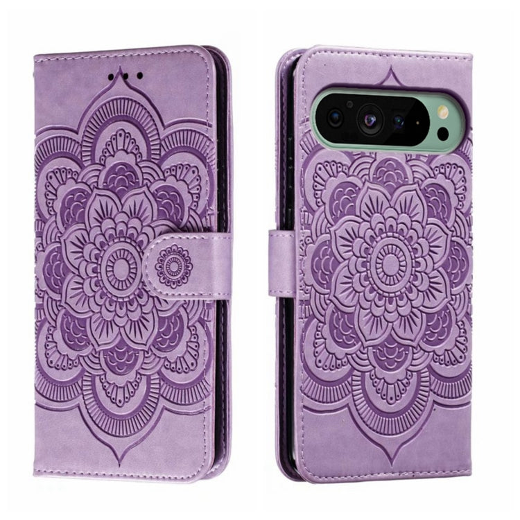 For Google Pixel 9 Sun Mandala Embossing Pattern Phone Leather Case(Purple) by buy2fix
