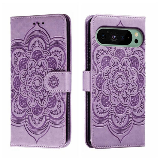 For Google Pixel 9 Sun Mandala Embossing Pattern Phone Leather Case(Purple) by buy2fix