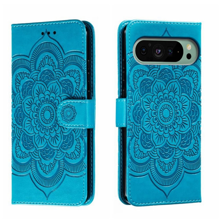For Google Pixel 9 Sun Mandala Embossing Pattern Phone Leather Case(Blue) by buy2fix